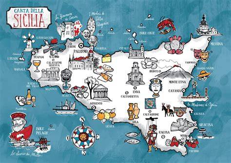 Mappa della Sicilia con evidenziate le principali destinazioni turistiche intorno a Giardini Naxos