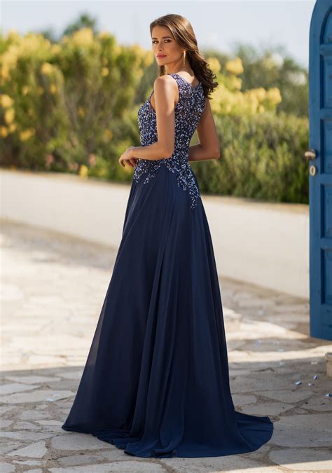 Abito damigella ciano lungo in chiffon con paillettes