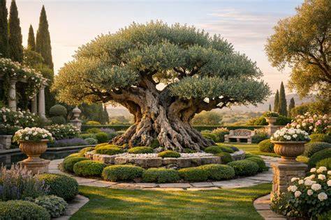 Dettaglio di un ulivo secolare in un giardino