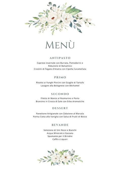 Illustrazione di un menu di matrimonio con piatti e bevande