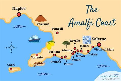 Mappa del Sud Italia che evidenzia Maratea, Costiera Amalfitana e Puglia