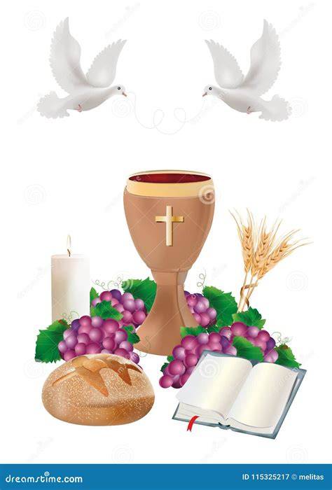 Simboli dell'offertorio: pane, vino, candela, Bibbia, chiavi, roccia