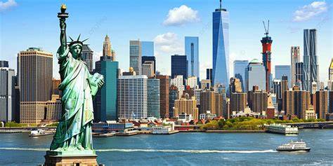 Collage di immagini: Statua della Libertà, spiaggia caraibica, skyline di Philadelphia