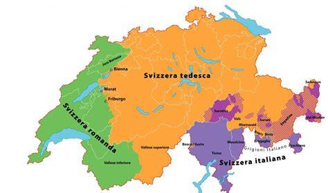 Mappa della Svizzera con evidenziate le città di lingua italiana e francese