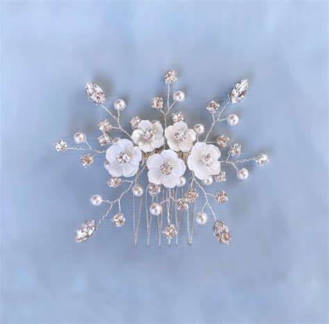 Pettinino sposa con dettagli floreali blu e oro