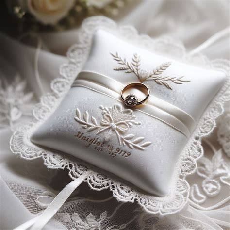 Cuscino portafedi con scatolina porta-rossetto e velo da sposa