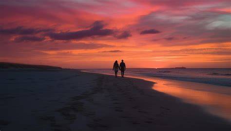 Coppia di sposi che passeggia sulla spiaggia al tramonto