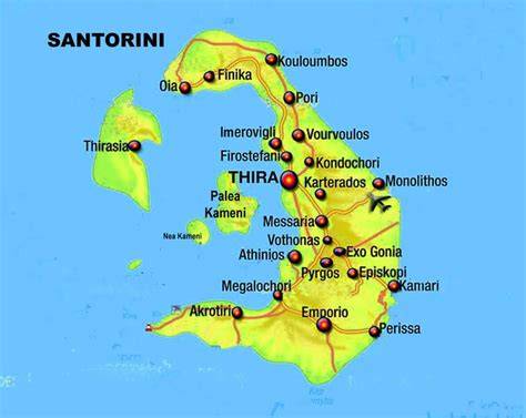 Mappa dell'isola di Santorini con punti di interesse