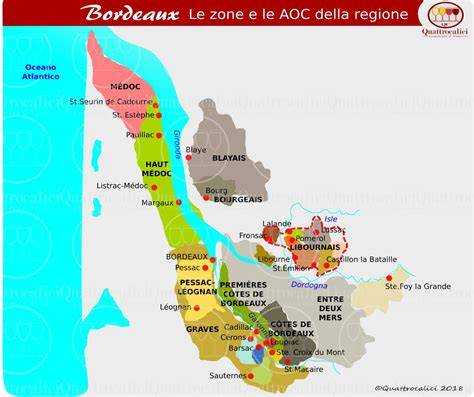 Mappa della regione di Bordeaux con indicazione delle zone vinicole