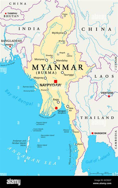 Mappa del Myanmar (Birmania) con evidenziata la regione di origine dei rubini