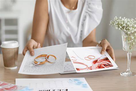 Illustrazione di una coppia che discute con un wedding planner davanti a un moodboard