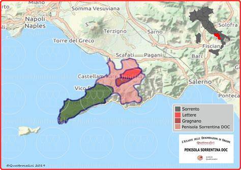 Mappa della Penisola Sorrentina con Sorrento evidenziata