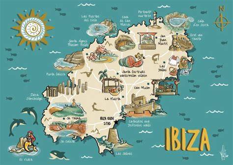 Mappa delle zone principali di Ibiza per l'alloggio e il divertimento