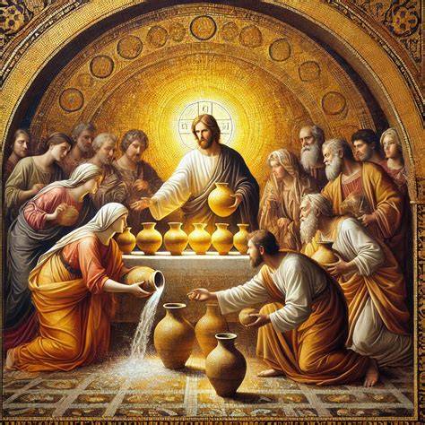 Rappresentazione delle Nozze di Cana con Gesù, Maria e le sei anfore