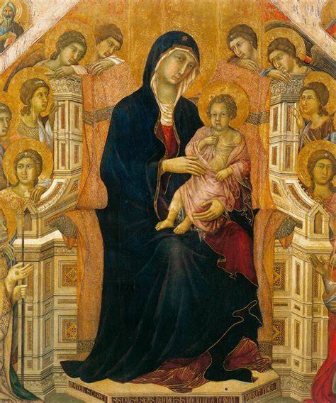 Dettaglio della Maestà di Duccio da Buoninsegna con i servi e la tavola imbandita