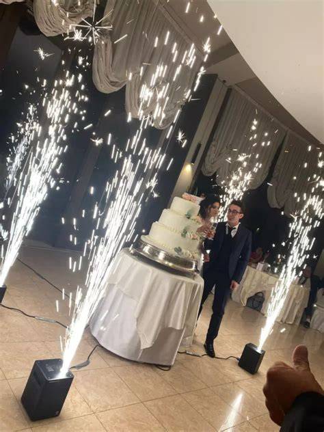 torta nuziale con fontane danzanti sullo sfondo