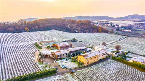Vista panoramica della Cantina Boccadoro immersa nei vigneti della Franciacorta