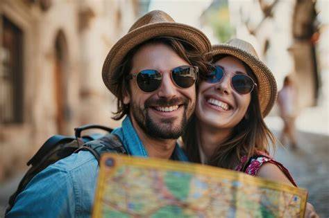 coppia felice che guarda una mappa del mondo