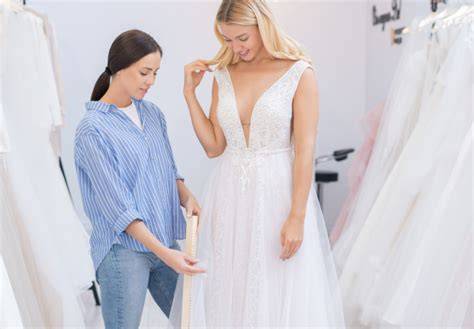 Futura sposa che prova un abito da sposa