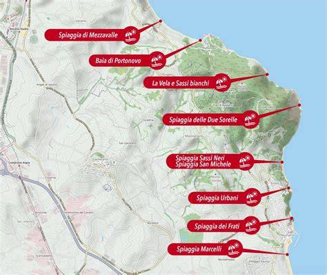 Mappa della Riviera del Conero con evidenziate le principali calette e spiagge