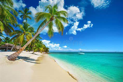 Spiaggia caraibica con palme e mare turchese nella Repubblica Dominicana