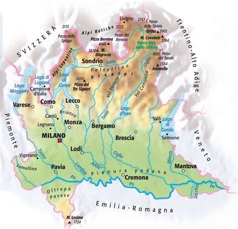 Mappa della Lombardia del XVII secolo con indicazione di Milano e Bergamo
