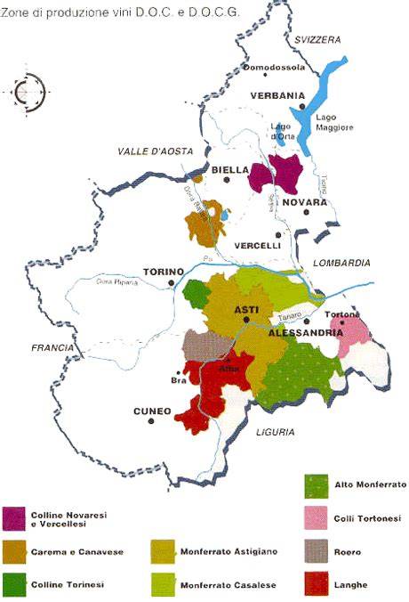 Mappa delle regioni vinicole italiane (Langhe, Franciacorta, Tuscia)