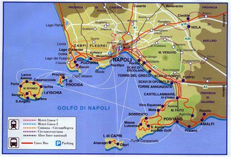 Mappa del Golfo di Napoli con le isole di Capri, Ischia e la Costiera Amalfitana