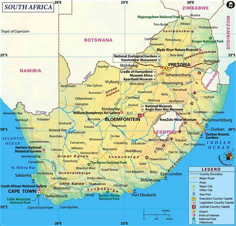 Mappa del Sudafrica con le principali destinazioni turistiche
