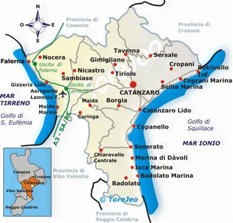 Mappa della provincia di Catanzaro con evidenziate zone turistiche