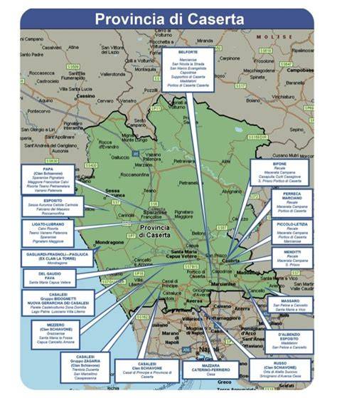 Mappa della provincia di Caserta con evidenziate le aree turistiche e le ville per matrimoni