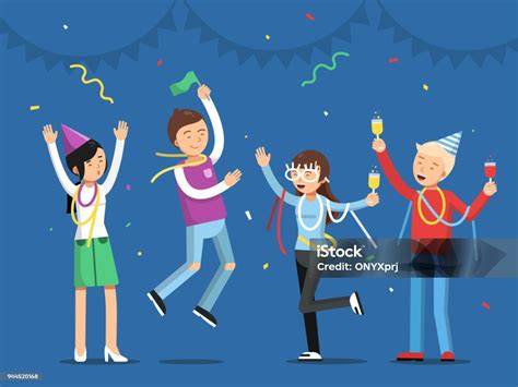 Illustrazione di un gruppo di amici che festeggiano in modo sano e divertente