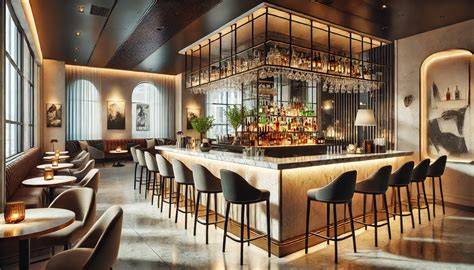 Interno accogliente di un cocktail bar con luci soffuse