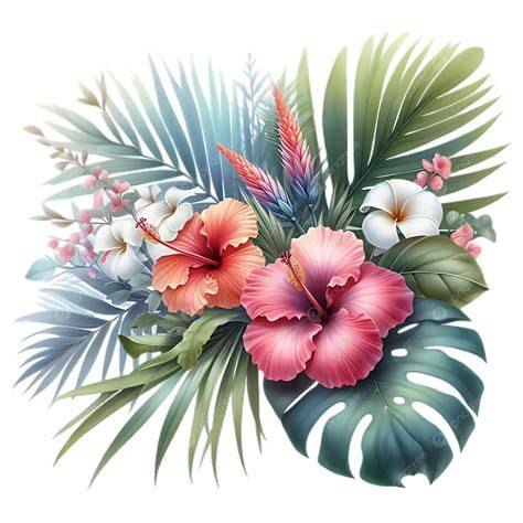 Composizione floreale tropicale con ibisco e foglie di palma
