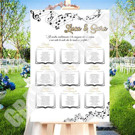 Tableau mariage a tema musica classica, con arpa e spartiti