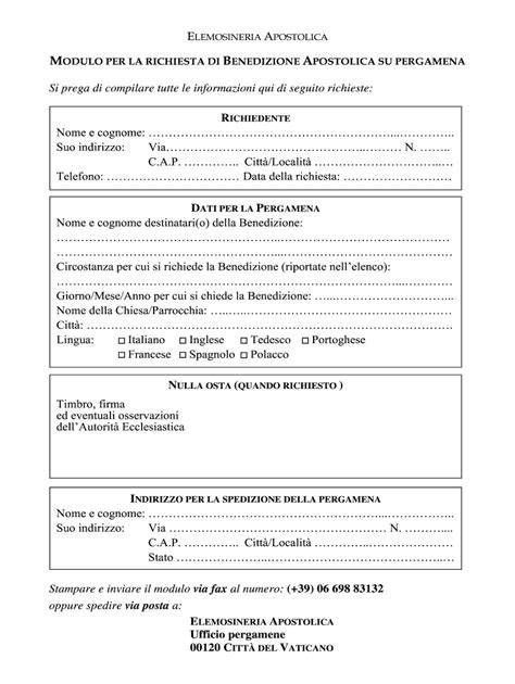 Modulo per la richiesta della Benedizione Apostolica