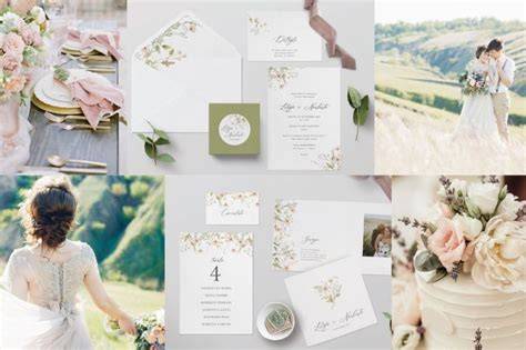 Illustrazione che mostra diversi elementi di un matrimonio: fiori, torta, abiti, inviti
