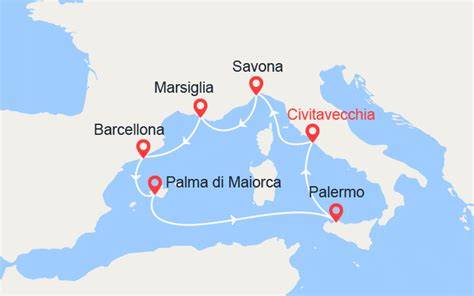 Mappa del Mediterraneo con itinerari di crociera
