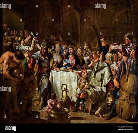 Rappresentazione delle Nozze di Cana con Gesù, Maria e gli invitati