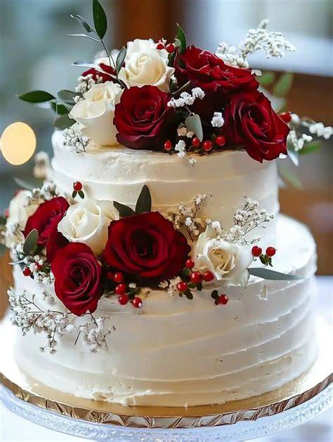 Torta nuziale a due piani con rose rosse e bianche