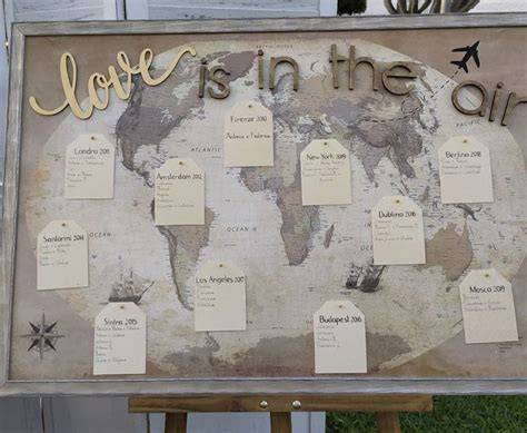 Tableau mariage a tema viaggio con planisfero e puntine a forma di aereo