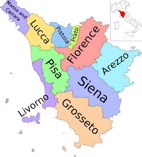 Mappa della Toscana con evidenziate le province