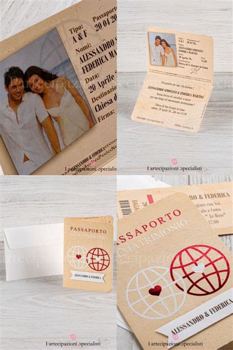 Dettaglio di una partecipazione di nozze a tema viaggio con foto personalizzata degli sposi.