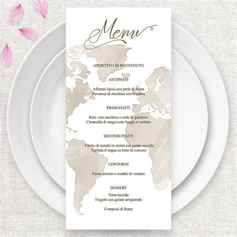 Esempi di coordinati grafici per matrimonio a tema viaggio: tableau, segnaposto, menu.