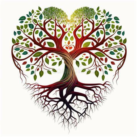 Illustrazione dell'albero della vita con cuori, simbolo di crescita familiare e unione.
