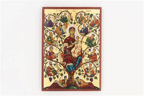 Icona Sacra Famiglia su base a forma di albero della vita