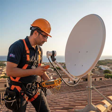 Antennista al lavoro con parabola satellitare