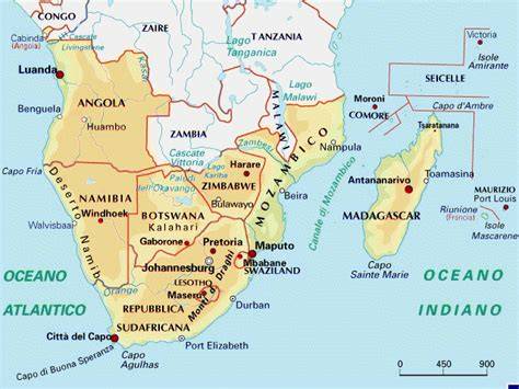 Mappa che mostra il Sudafrica e il Madagascar