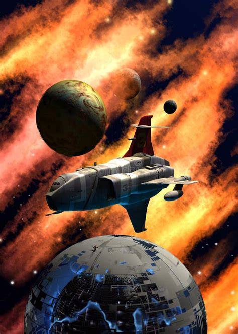 Immagine di un sistema planetario futuristico con astronavi
