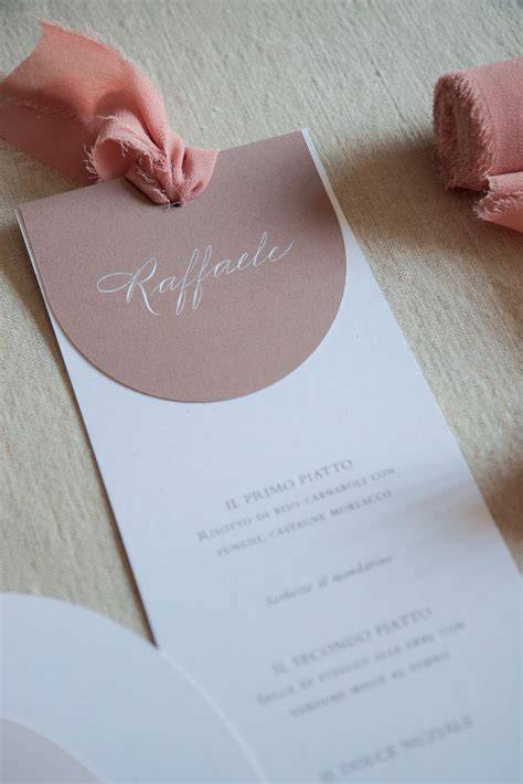 Esempio di coordinato grafico per matrimonio: partecipazioni, menu, segnaposto